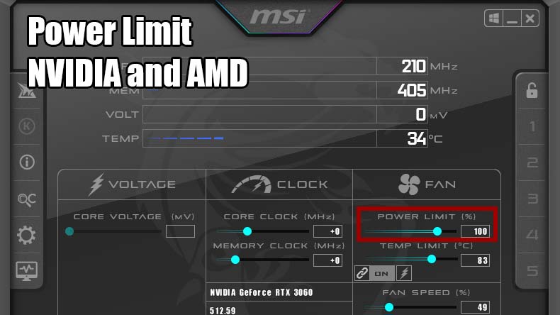 MSI Afterburner power-limit slider and monitoring view used while undervolting