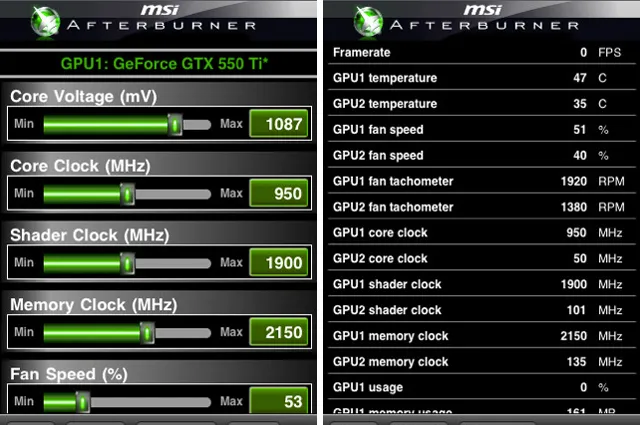 モバイル上の MSI Afterburner (iOS コンパニオン ビュー)