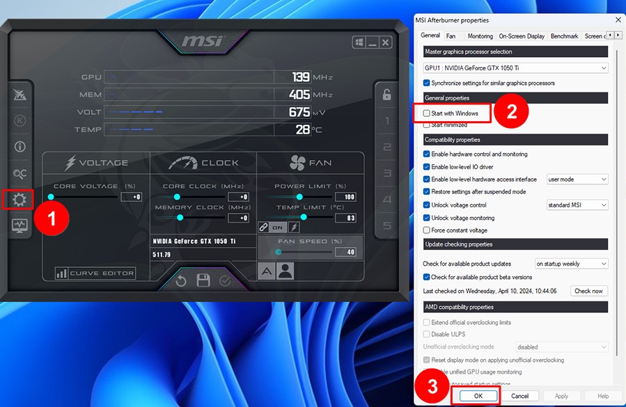 Monitoring-Ansicht einer dedizierten GPU in MSI Afterburner, deren Steuerelemente nach erfolgreicher Erkennung verfügbar sind