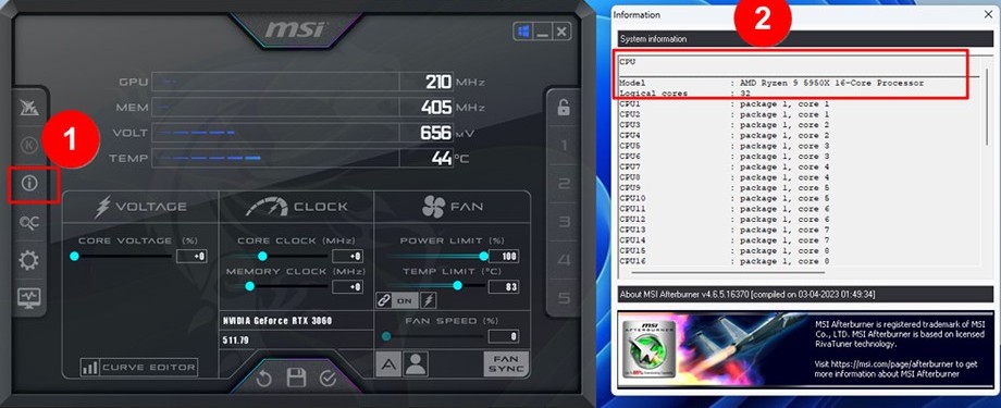 チュートリアルのスクリーンショット: MSI Afterburner で情報パネルを開く